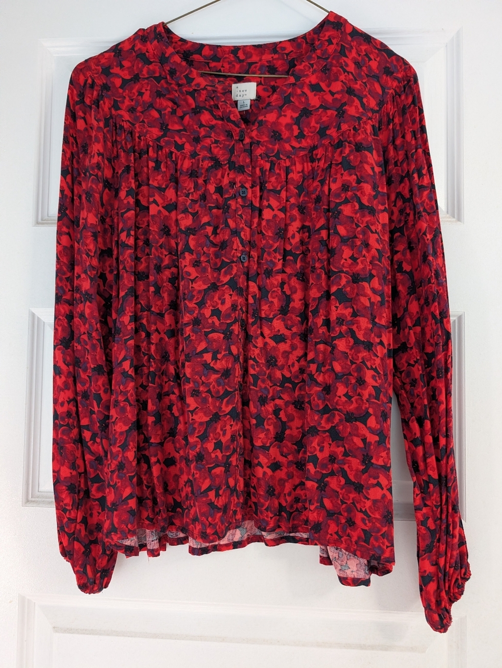 a new day Red and Black Floral Button-Front Long-Sleeve Blouse